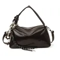 Retro deep brown glossy pillow bag with wide handle and decorative charm detail - With Pendant / Brown