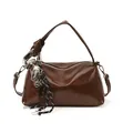 Vintage brown glossy oil wax leather pillow handbag with stylish decorative cord charms - With Pendant / Brown
