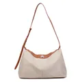 Minimalistische cremefarbene Tote Bag mit braunen Lederriemen und silberner Schnalle - Gebrochenes Weiß