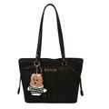 Black large capacity tote bag with gold studs, matte texture, and a bear charm accessory - With Pendant / Black