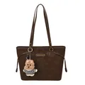 Dark brown suede tote bag with double shoulder straps and a cute plush dog pendant - With Pendant / Brown