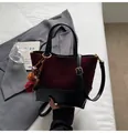 Fashionable burgundy and black patchwork tote bag with stylish pom-pom charm - Wine Red with Pendant