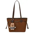 Dark brown suede tote bag with leather straps and a cute plush bear charm - With Pendant / Brown