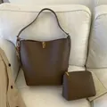 Ensemble sac seau en cuir litchi marron avec pochette et fermoir doré pour femme - Avec Pendentif / café