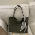 Minimalist large tote bag in dark green textured finish with decorative floral scarf - Green (With Scarf Decoration)