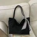 Classic black leather tote bag with a patterned silk scarf and gold magnetic clasp - Black (With Scarf Decoration)