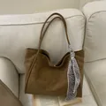 Retro brown large capacity tote bag in matte faux leather with a decorative scarf accent - Brown (With Scarf Decoration)