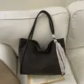 Minimalist large brown tote bag with paisley scarf decoration on white sofa - Coffee (With Scarf Decoration)