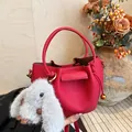 Rose red pleated bucket bag in litchi leather with a white plush rabbit pendant - Basic Style (No Pendant) / Red