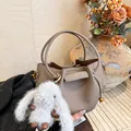 Taupe pleated bucket bag in litchi grain leather with cute white rabbit plush charm - Basic Style (No Pendant) / Khaki