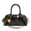 Bolso de mano retro negro brillante con hebilla dorada y colgante de flor de felpa - Con Colgante / Negro