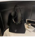 Minimalist black suede tote bag with slim shoulder straps and silver metal ring charm - Black (Without Charm)