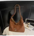 Dark brown faux suede large tote bag with silver ring pendant and slim shoulder straps - Brown (Without Pendant)