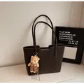 Retro deep brown tote bag with long handles and a cute teddy bear charm in daily style - Without Pendant / Coffee