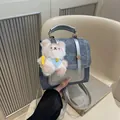 Gray matte mini backpack for women with silver straps and cute bear keychain accessory - With Pendant / Blue
