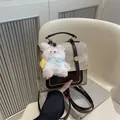 Chic beige canvas and brown leather mini backpack with cute plush rabbit charm - With Pendant / Khaki