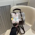 Chic grey fabric and brown leather small backpack featuring a cute teddy bear charm - With Pendant / Gray