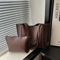 Ensemble cabas rétro en cuir marron foncé avec pochette intérieure pour le quotidien - Marron