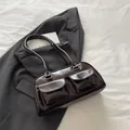 Chic dark brown faux leather underarm bag with double front flap pockets for women - Brown
