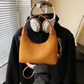 Orange-brown suede crescent bag with top handle and detachable shoulder strap - Brown - Without Pendant