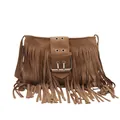 Bohemian brown suede shoulder bag with long fringes and large metal buckle detail - Khaki