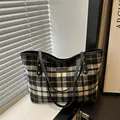 Classic yellow and black plaid wool tote bag with black leather shoulder straps - Large Black Plaid