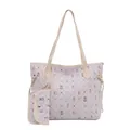 Cartoon pattern tote bag set with cream handles and golden hardware on white background - White