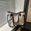 White tote and pouch set with colorful cartoon bear prints and black leather trim - Black
