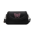 Sac à bandoulière en cuir noir avec broderie papillon rose et détails dorés - Noir