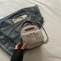 Mini canvas cat backpack with brown leather trim and golden chain strap - Gray