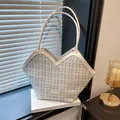 Large capacity woven tweed tote bag in cream white with slender leather shoulder straps - White