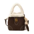 Sac seau vintage en daim marron avec bordure en fausse fourrure blanche et fermoir doré - Café Rétro
