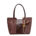 Dark brown minimalist tote bag in suede and leather with woven details and charms - Coffee With Charms