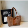 Vintage caramel brown suede and leather tote bag with unique woven handle detail - Brown