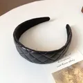 Classic black quilted PU leather wide headband with elegant diamond lattice pattern - Black