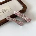 Light pink bow hair clip set with satin fabric and sparkling rhinestones for women - Pink Bow And Row Crystal Style / Pink