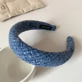 Serre-tête épais en tweed bleu fait main avec un design rembourré rétro chic - Bleu
