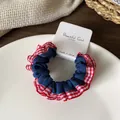 Lace-trimmed navy blue gingham scrunchie for women made of durable high-elastic fabric - Dark Blue Red Checkered
