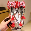 Traditional red velvet hair bow clip with long black braid tassels and embroidery - Plum Blossom Bow Long Braid