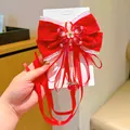 Red velvet bow hair clip for girls with strawberry charms and pearl tassels - Rich Floral