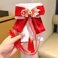 Red velvet bow hair clip with goldfish embroidery, pearl chains and long tassels - Lucky Koi