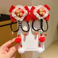New Year red velvet hair clips with lace, pearl tassels and cute cartoon horse details - Pony Pom-pom Short Braid