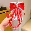 Red velvet bow hair clip for girls featuring crown rhinestones and pearl tassels - Crown And Bow
