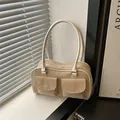Minimalist khaki baguette shoulder bag with front double pockets and long top handles - Khaki