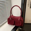 Burgundy faux suede baguette bag with dual front pockets and shoulder strap - Red