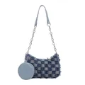 Blue and white checkerboard denim underarm bag with frayed edges and coin purse - Blue Checkerboard