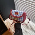 Blue and white checkered shoulder bag with red trim and cute apple pattern - Red