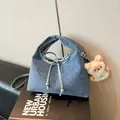 Morandi blue leopard print drawstring crossbody bag with a cute plush bear pendant - Blue with Pendant