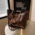 Deep brown faux leather tote bag with large capacity and cute rabbit plush charm - No Pendant / Coffee