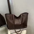 Deep brown retro leather tote bag with large capacity and slim double shoulder straps - Brown